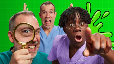 Dr Chris, Xand and Ronx with fun expressions, closeup to the camera against a bright green background. Dr Chris has a magnifying glass against his eye