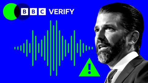 A promo image showing Donald Trump Jr speaking. A waveform and warning label are superimposed in the background and the BBC Verify colours are visible in blue and yellow.