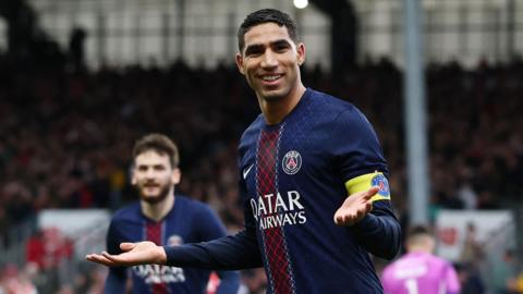 Achraf Hakimi celebrates after scoring for PSG