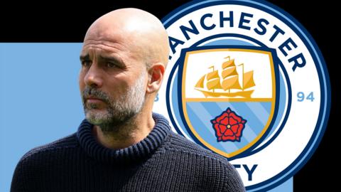 Pep Guardiola and the Manchester City club crest