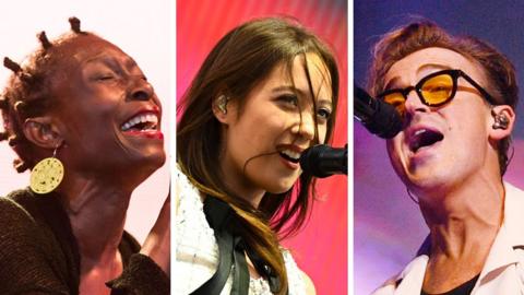 A three-way composite image shows on the left Alison Limerick, in the middle Laufey, and on the right Tom Fletcher. They're all cropped as headshots while they perform onstage.