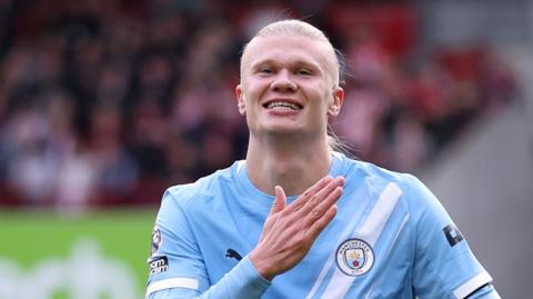 Manchester City striker Erling Haaland celebrates scoring a goal