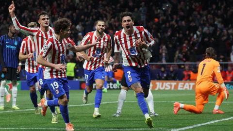 Jose Gimenez celebrates after scoring for Atletico Madrid.