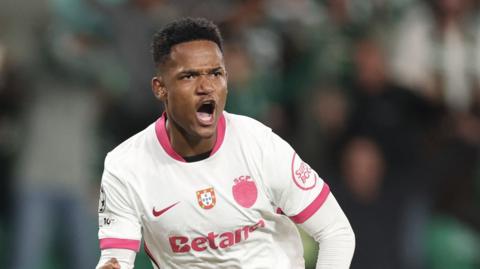 Geny Catamo celebrates after scoring their first goal during the UEFA Champions League league phase day 3 football match between Sporting CP and Olympique de Marseille
