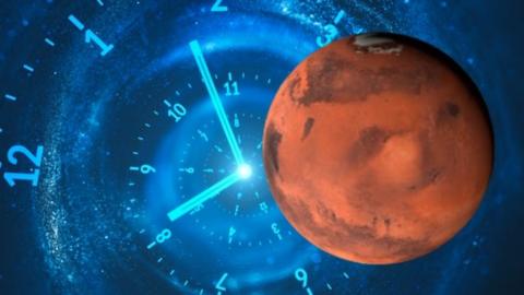 A picture of a clock and the planet Mars.