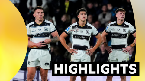 Hull FC players look dejected during the defeat by Catalans