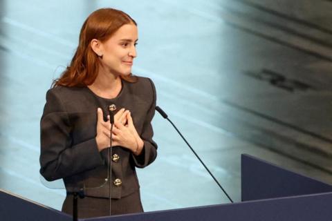 Ana Corina Sosa delivers a speech while accepting the Nobel Peace Prize on behalf of her mother María Corina Machado