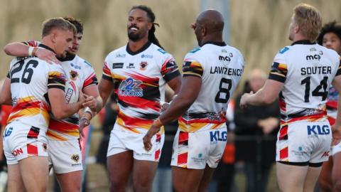 Bradford Bulls celebrate Luke Hooley's try against Sheffield earlier this season