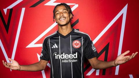 Eintracht Frankfurt winger Jean-Matteo Bahoya poses and gestures during a photoshoot