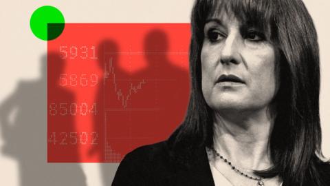 A treated image showing Rachel Reeves with shadow figures behind her