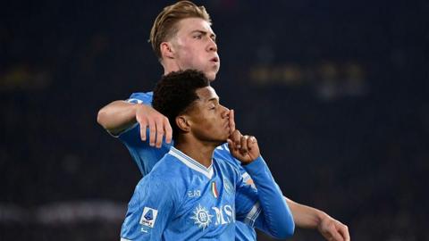 David Neres and Rasmus Hojlund of Napoli celebrate scoring