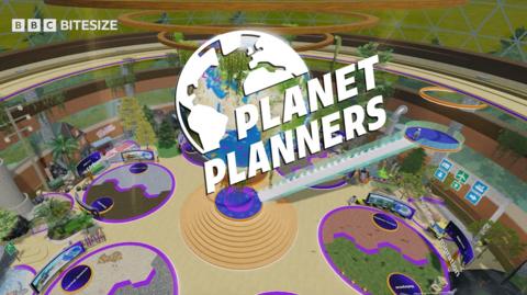 Planet Planners on Roblox game image with big logo, globe and geographical hub.