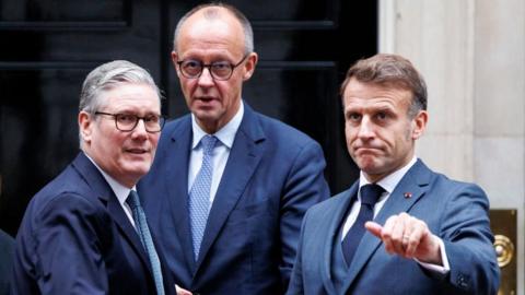 British Prime Minister Keir Starmer, German Chancellor Friedrich Merz and French President Emmanuel Macron in London. Photo: 8 December 2025