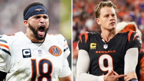 Split image featuring Chicago Bears quarterback Caleb Williams and Cincinnati Bengals quarterback Joe Burrow