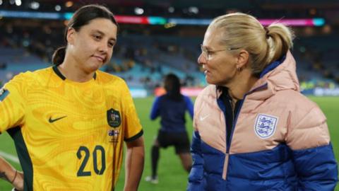 Sam Kerr of Australia is consoled by Sarina Wiegman, Head Coach of England, after the FIFA Women's World Cup Australia & New Zealand 2023 Semi Final match between Australia and England