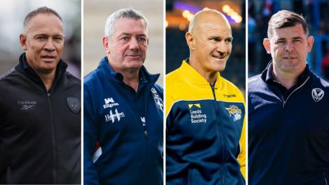 A four-way split picture with Leigh boss Adrian Lam, Wakefield Trinity head coach Daryl Powell, Leeds Rhinos coach Brad Arthur and St Helens boss Paul Wellens