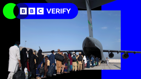 Verify logo placed over a photograph of Afghan evacuees queuing to board US military aircraft following the fall of Kabul in 2021.