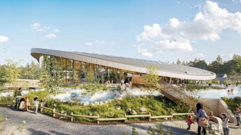 A drawing of a large modernist building with outdoor water features in the foreground