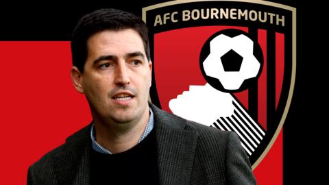 Andoni Iraola and the Bournemouth club crest