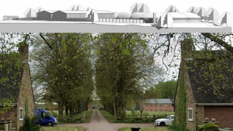 A country road with trees on either side of the path. There is a blue van parked on the left hand side and a white car on the right. At the top of the image is a CGI plan of what the planet would look like with several industrial buildings to the left and some buildings with a dome-shaped roof to the right.