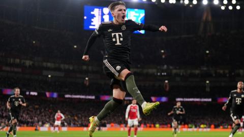 Lennart Karl celebrates after scoring for Bayern Munich at Arsenal in the Champions League