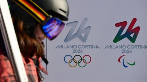 A picture shows the Milano Cortina 2026 Olympics and Paralympics logo in Cortina d'Ampezzo