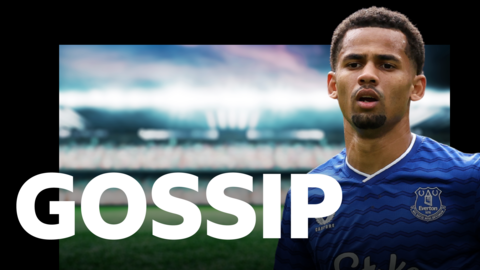 Football gossip column graphic containing an image of Everton's Iliman Ndiaye