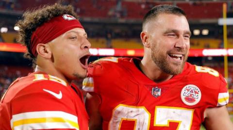 Patrick Mahomes celebrates with Kansas City Chiefs team-mate Travis Kelce