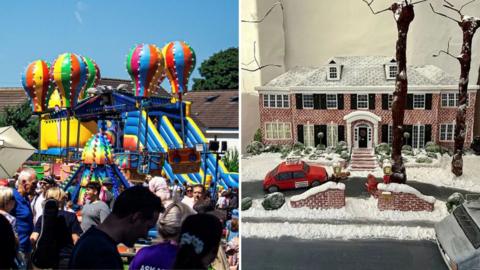 Two images: On the left side, a lively outdoor fair with colourful amusement rides, including a large inflatable slide and a spinning ride. On the right, a detailed winter-themed model of a large brick house with snow-covered roof and yard, inspired by a classic suburban home.