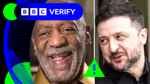 A composite image - taken from the fake video - showing Bill Cosby on the left and Volodymyr Zelensky on the right