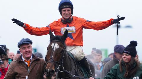 Harry Skelton celebrates after winning by four lengths on Panic Attack