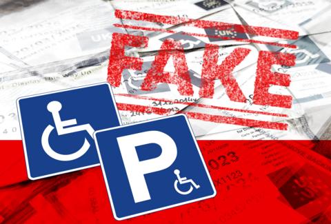 Graphic image of black and white disabled Blue Badges, with a stamp on saying fake, plus two disabled parking signs layered on top.