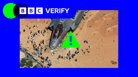 A promo image showing a fake image of an F-35 fighter which some users online claimed was show down in Iran. It is superimposed over the BBC Verify colours.