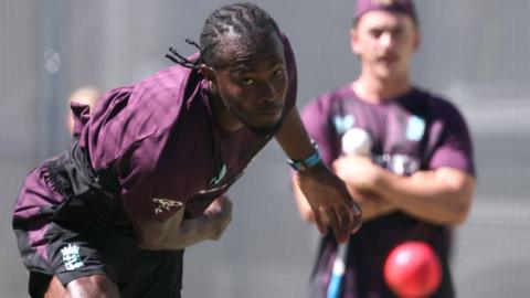 England fast bowler Jofra Archer bowls with the pink ball in nets