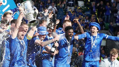 Dungannon Swifts celebrate winning the Irish Cup