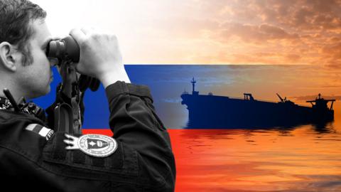A coastguard looks into the distance next to an image of an oil tanker