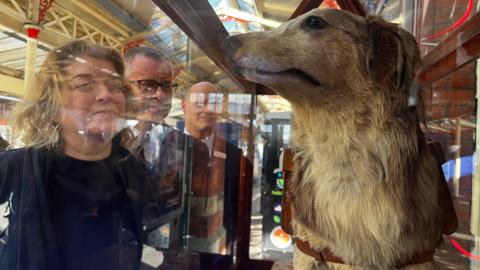 A picture of Station Jim in his case and people - Joe Graham, Anna Jones and Tim Knox, who are mentioned in the story - peering into the case.
