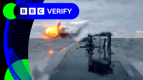 A grab from a video showing a Ukrainian sea drone attacking a ship in the Black Sea