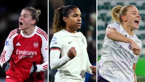 A three-way split picture of Arsenal's Alessia Russo, Chelsea's Catarina Macario and Manchester United's Fridolina Rolfo