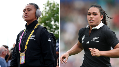 Left: Liana Mikaele-Tu'u dressed in New Zealand-branded black training top, yellow and pink lanyard and grey headphones, and right, Layla Sae playing for the Black Ferns