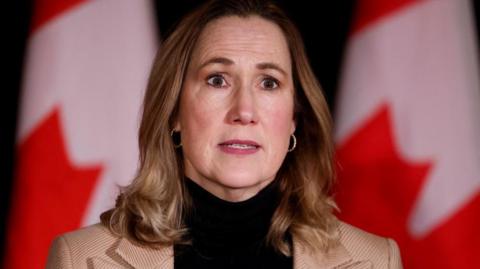 A close-up image of Kirsten Hillman. She has shoulder-length, straight light brown hair, and is wearing hoop earrings and a black turtle-neck top with a beige blazer overtop. Behind her is a blurred out set of Canadian flags.
