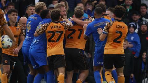 Birmingham City and Hull City players in a fracas