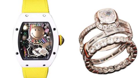 A Richard Mille watch and a stack of diamond rings
