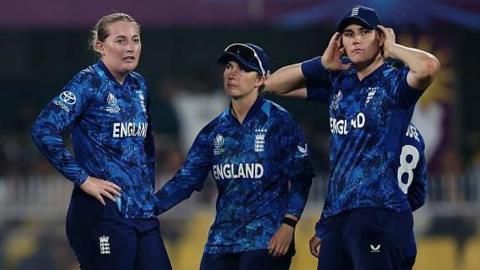 England's Sophie Ecclestone (left), Alice Capsey (middle) and Nat Sciver-Brunt (right) look disappointed during England's World Cup semi-final defeat by South Africa