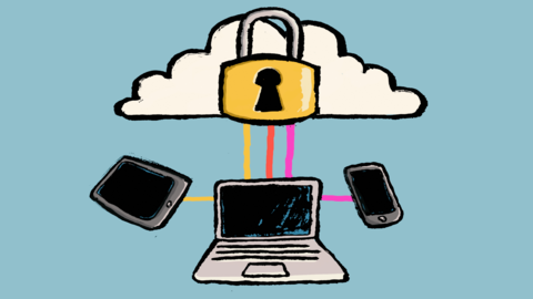 Laptop, tablet and phone against a blue background underneath a padlock and cloud.