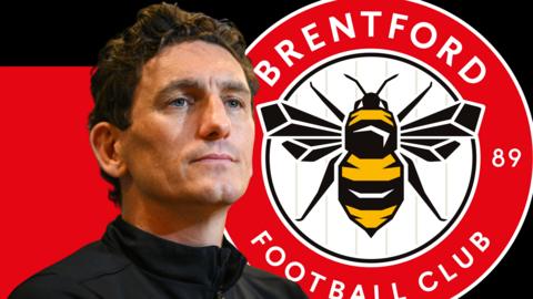 Keith Andrews against a red background and the Brentford club crest