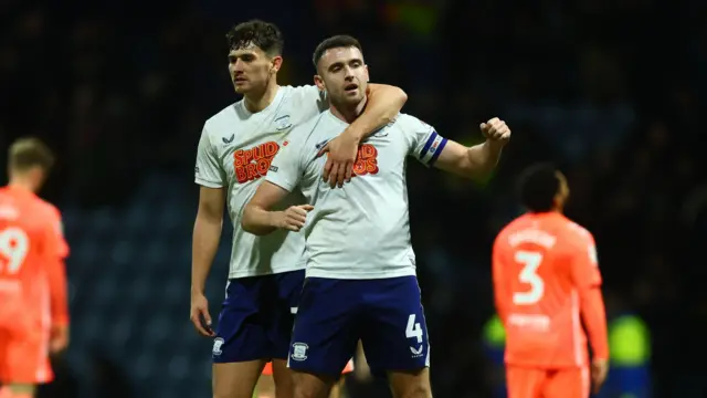 Preston North End's Ben Whiteman celebrating a draw against Coventry with his teammate at Deepdale