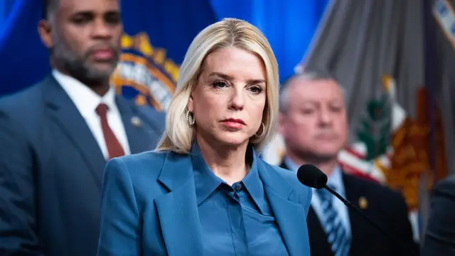 US Attorney General Pam Bondi conducts a news conference at the Department of Justice.