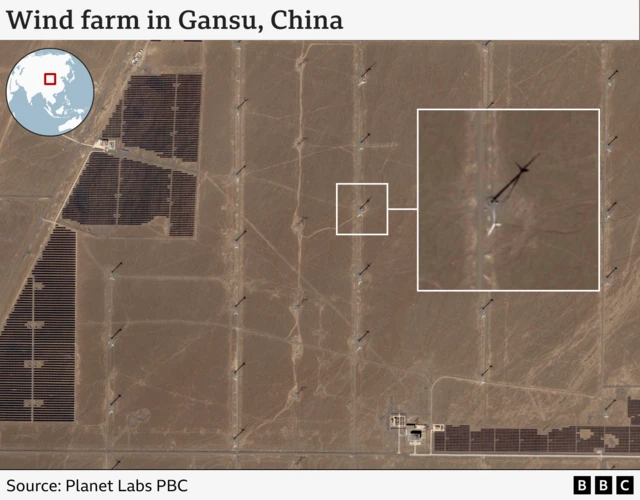 A satellite image of the wind farm in Gansu, China