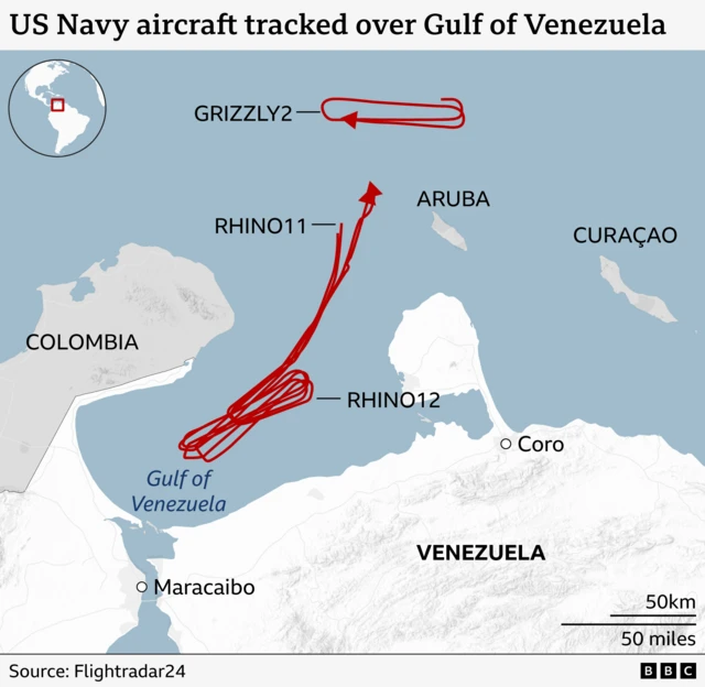 Map of the flight paths near the Venezuelan coast